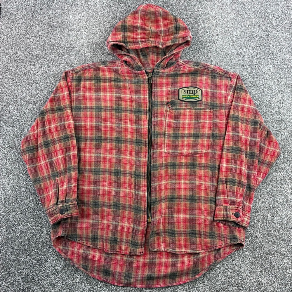 Vintage SMP Enforced Flannel Hoodie Men XL Red Plaid Zip Skate Surf Streetwear